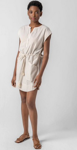 Lilla P Striped Split Neck Dress in Flax Stripe