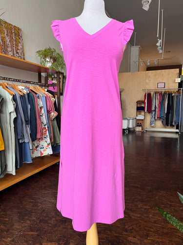 Velvet Ruffle V-Neck Midi Dress in Snapdragon